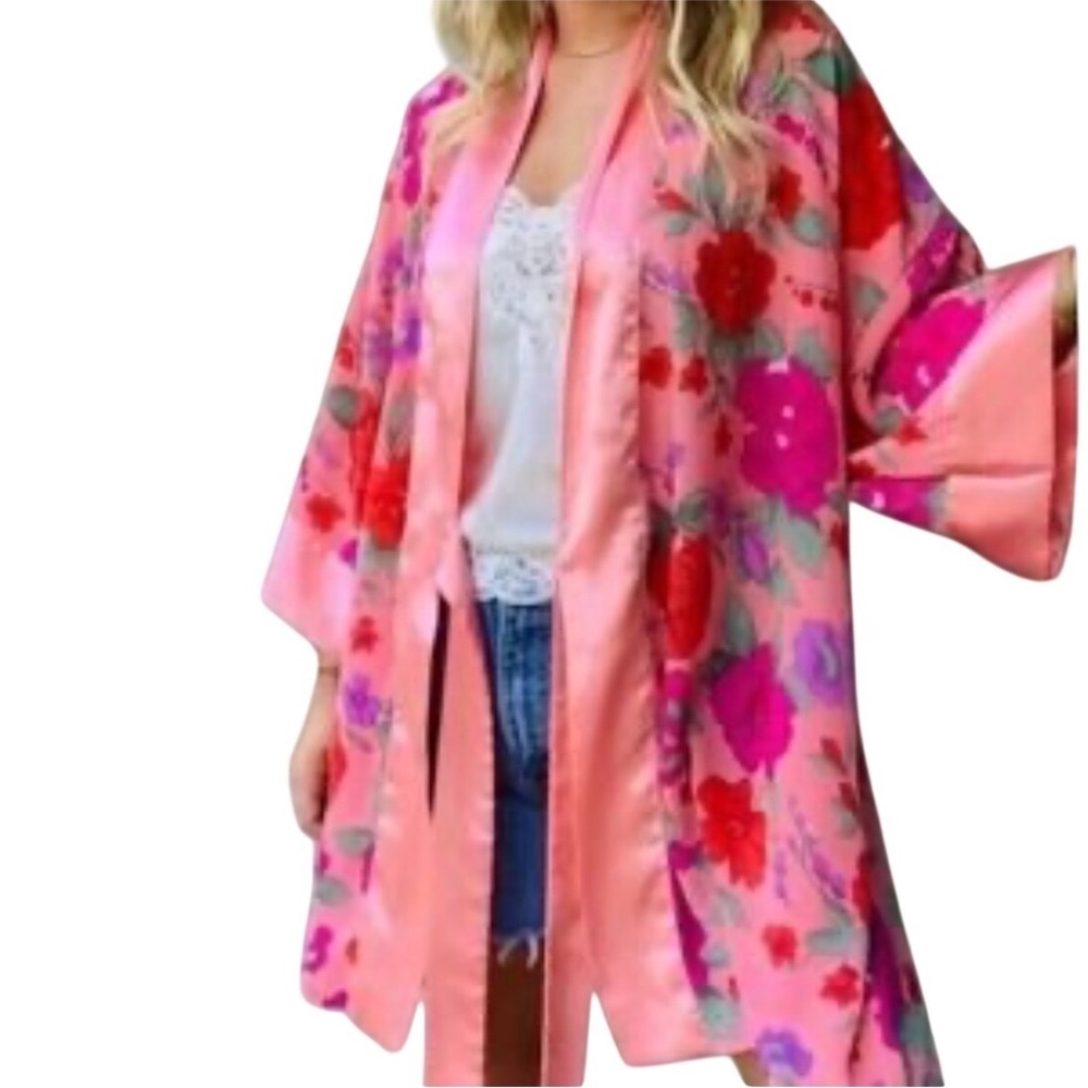 Vintage Victorias Secret Gold Label Pink Floral Y2K  Kimono Robe Satin Trim OS